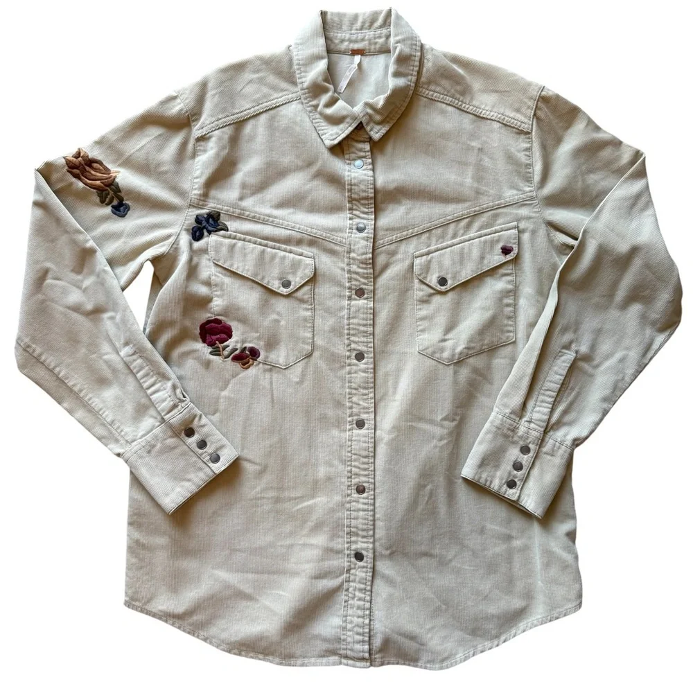 Free People Harley Floral Embroidered Corduroy Western Button Down Shirt Women M